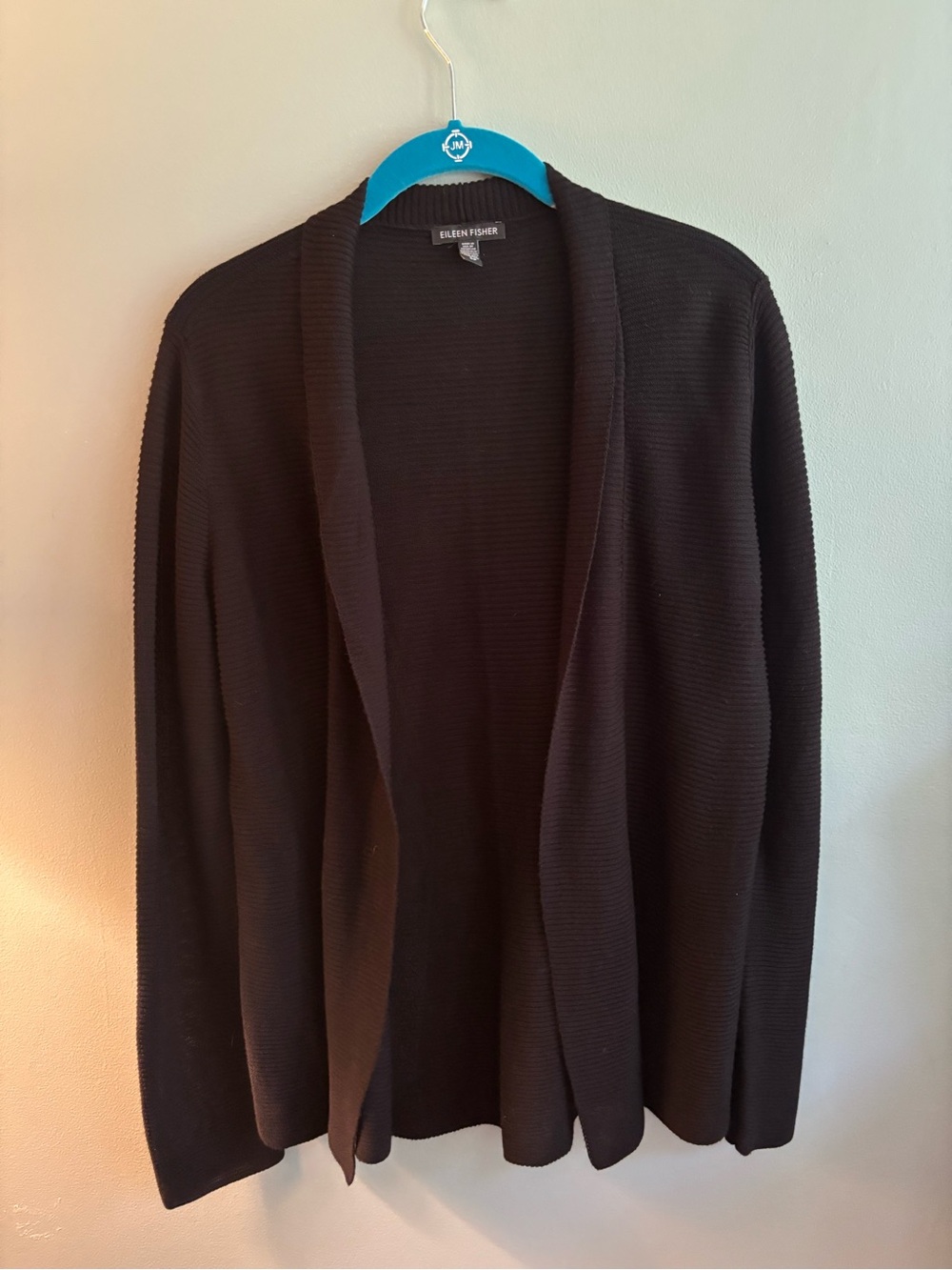 Eileen Fisher Luxury Black Tencel Silk Open Front Textured Ribbed Cardigan